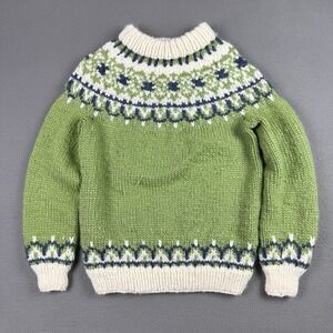 Vintage Hand Knit Hand Made Norwegian Sweater Fair Isle Womens Size Medium Green